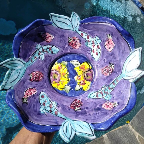 Whimsical Hand Painted Swimming Fish Ceramic Pedestal Dish by Kate & Ryan - Picture 2 of 8